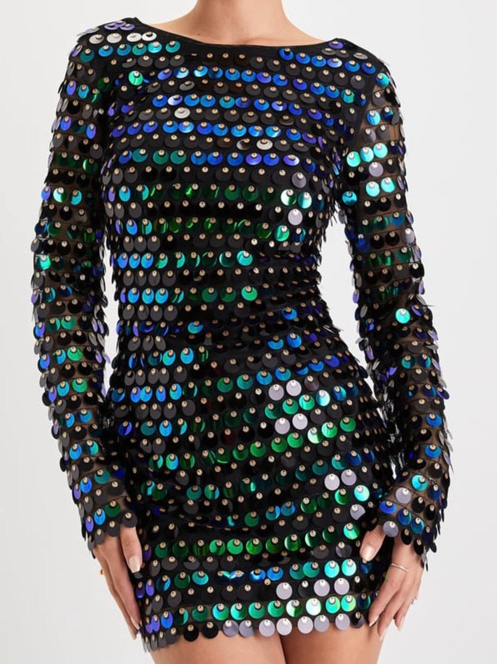 Lulus Exceptional Radiance Black Iridescent Sequin Backless Mini Dress Green Blu